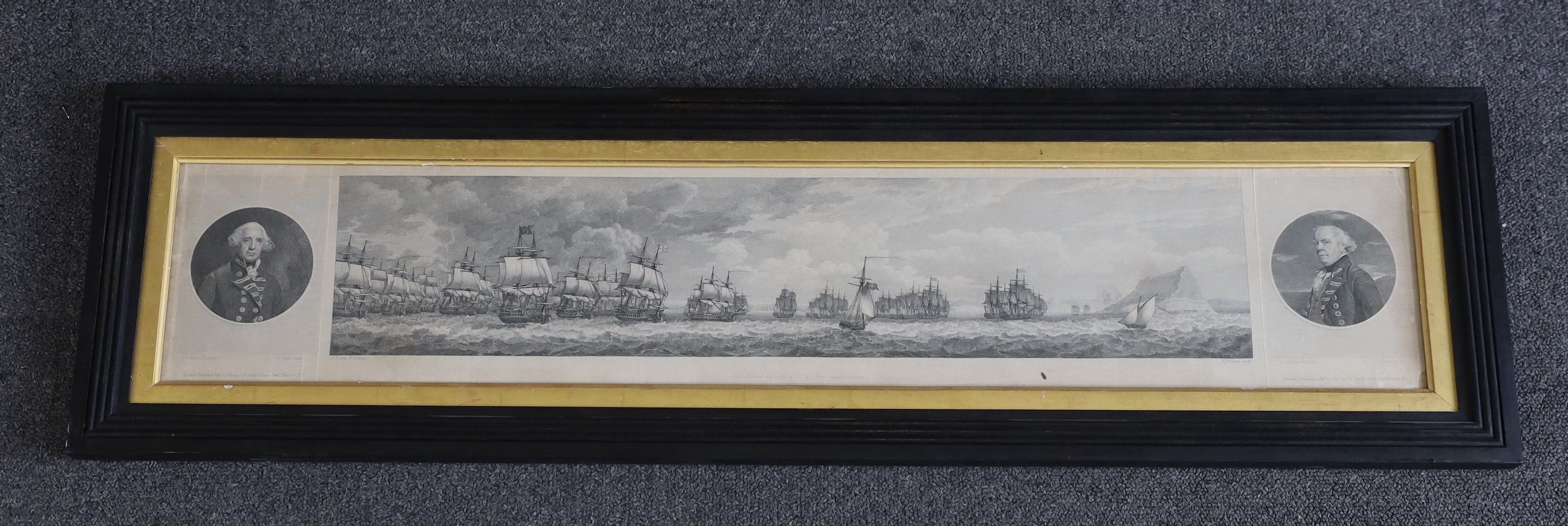 Robert Pollard after Dominic Serres, line engraving, 'Relief of Gibraltar by Lord Howe on September 11th 1782, Panoramic view of the Fleet with portraits either end of Admirals Howe and Barrington', published by Copley 1